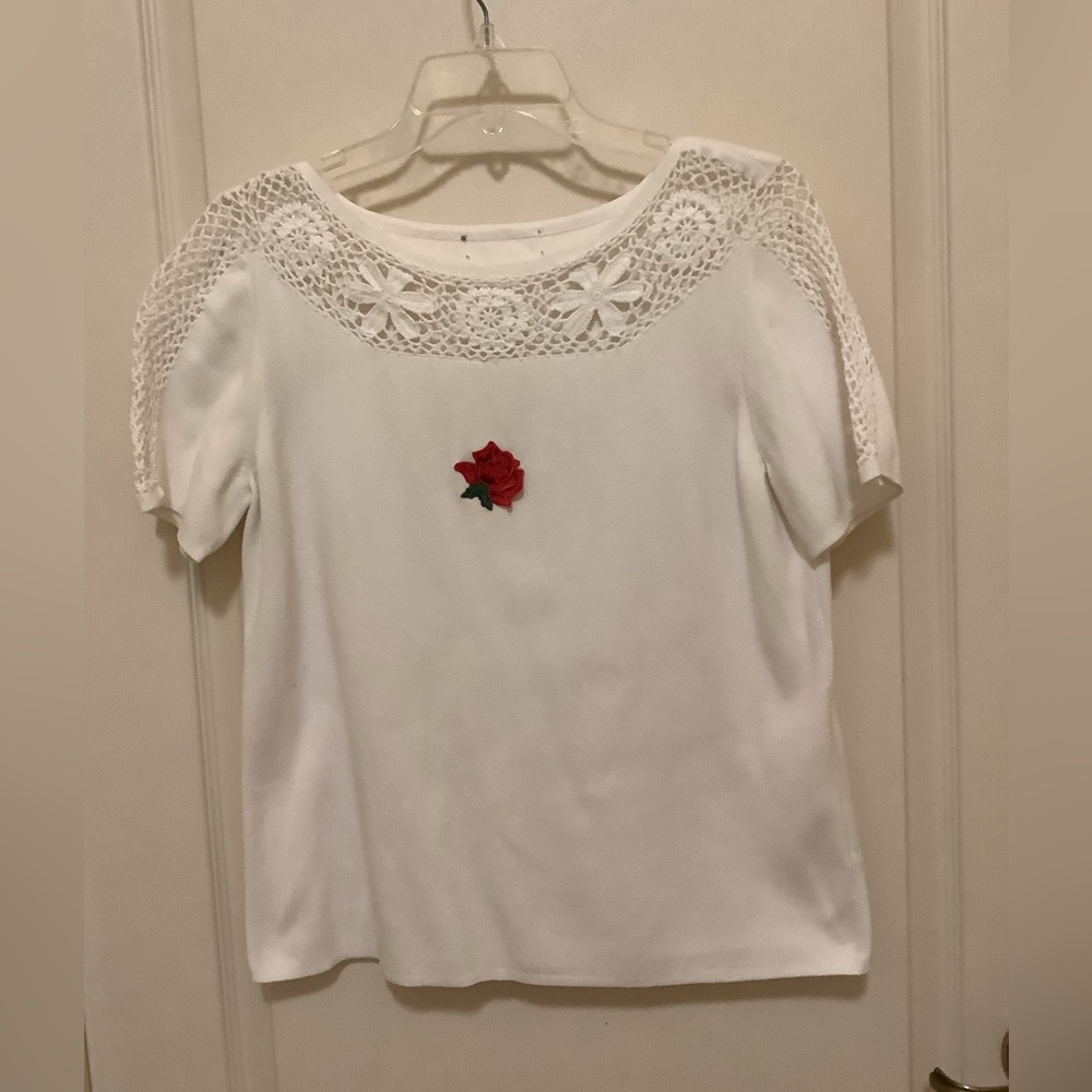 White sweater cotton with big 🌹 rose on front crocheted arms & neck size…